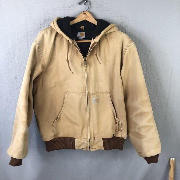 Carhartt Jacket Mens Large Beige Canvas Hooded Insulated Bomber Full Zip USA